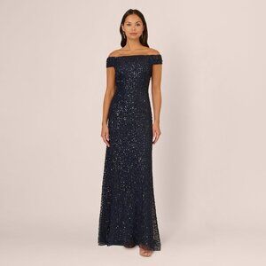 Adrianna Papell Off The Shoulder Sequin Beaded Gown In Navy Size 18Navy / Regula
